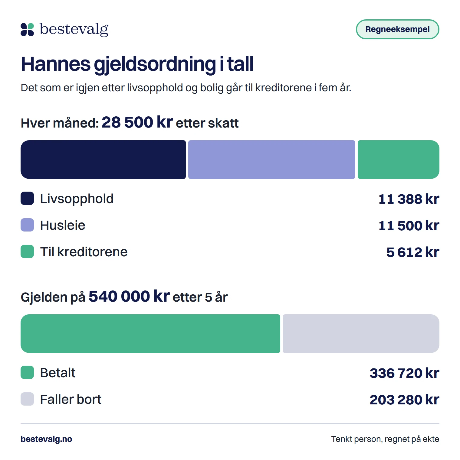 To søyler for Hanne: av 28 500 kr i måneden går 22 888 kr til livsopphold og husleie og 5 612 kr til kreditorene, og av gjelden på 540 000 kr blir 336 720 kr betalt og 203 280 kr faller bort