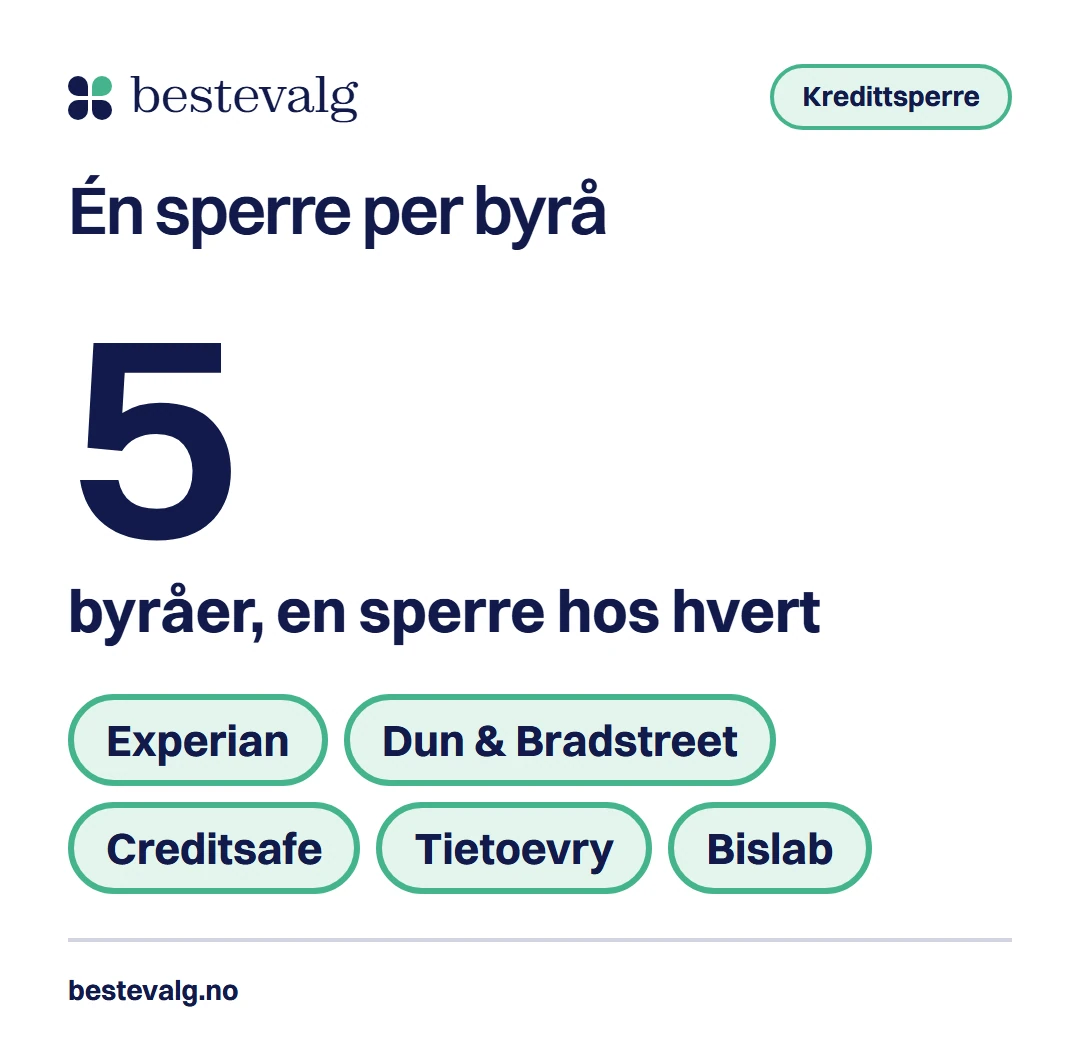 Tallet 5 med navnene Experian, Dun & Bradstreet, Creditsafe, Tietoevry og Bislab: kredittsperre må settes hos hvert byrå for seg